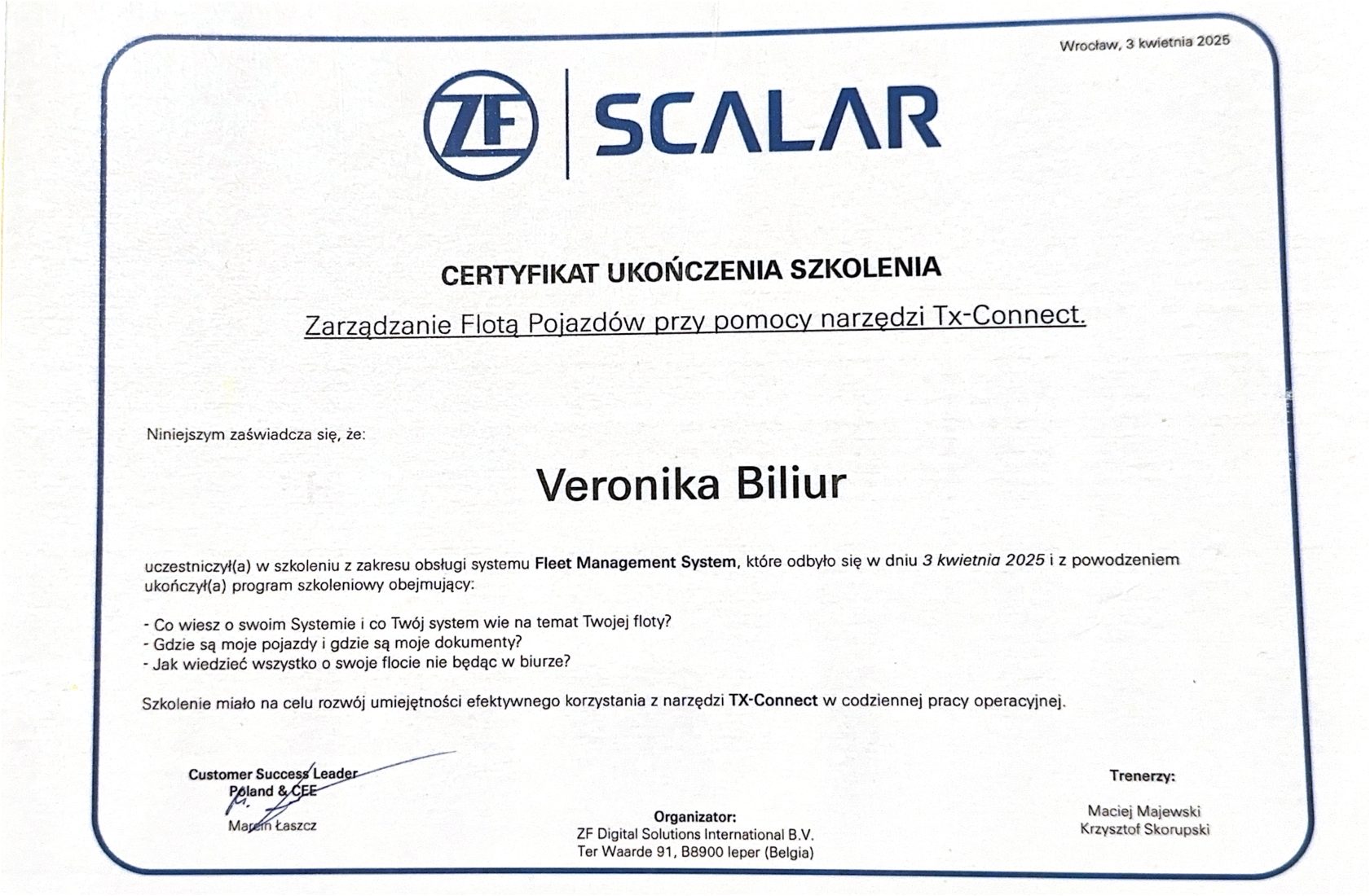 Сертифікат ZF SCALAR, TX-Connect